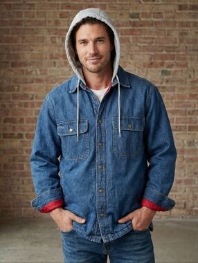 Men's Faded Glory Small Blue Denim Hooded Shirt Jacket